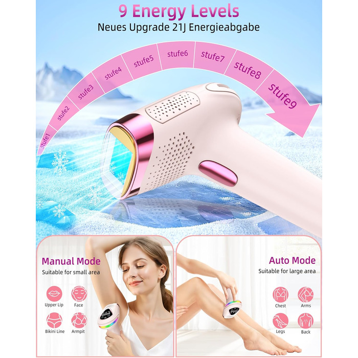 Епілятор IPL з лазером, 6.8 см², 3-в-1 для дому: обличчя, інтимна зона, ноги. 2 змінні насадки, HR/SC/RA технології. Для жінок