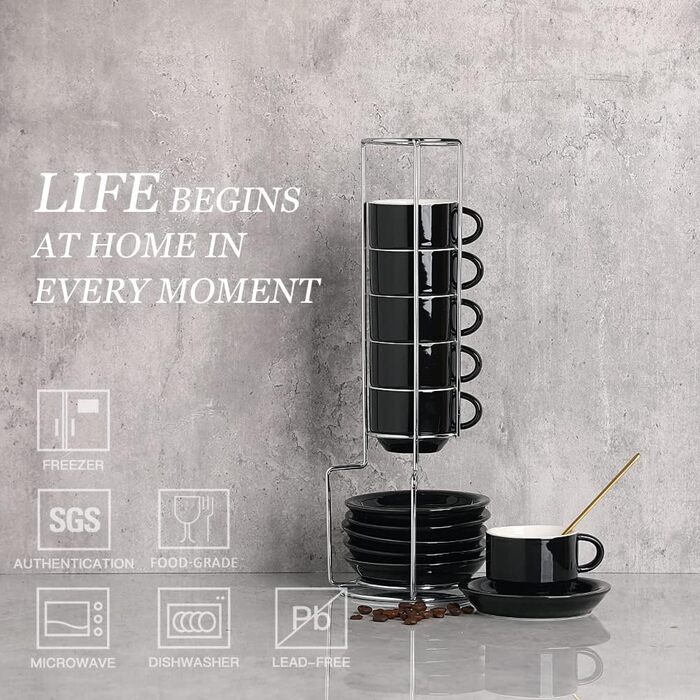 Набір порцелянових чашок еспресо Sweejar (6 шт.) з підставкою, 70 мл, для кави, мокко, чаю (чорний)