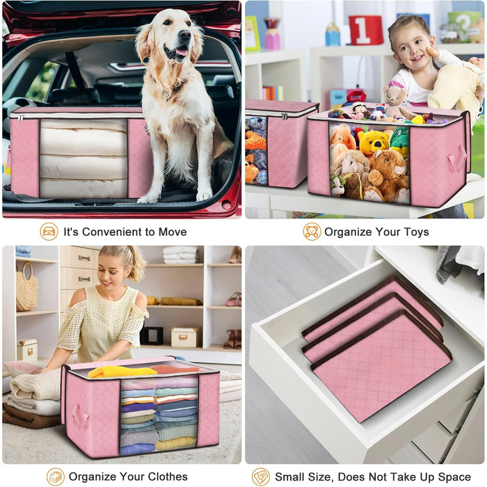 6 містких мішків для зберігання Budding Joy 90L з кришкою (рожеві) - для одягу, постільної білизни, переїзду