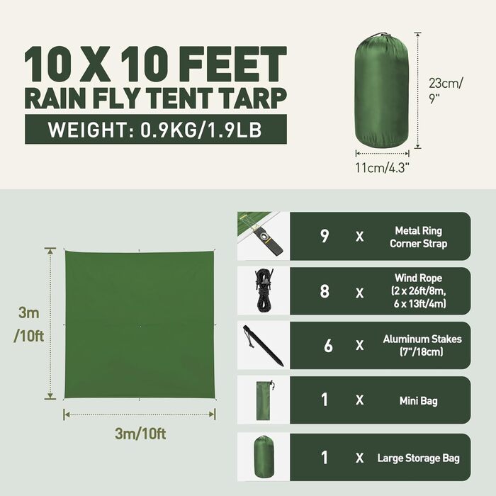 VOSOIR Camping Tarp - 3x3/3x5M Waterproof, Lightweight, UV Resistant Canopy - for Camping, Hiking, Picnics, Hammocks