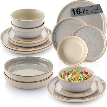Набір посуду SÄNGER Rio Perlgrau 16 предметів: тарілки, глибокі тарілки, тарілки для пасти, 4 персони, сірий, кераміка