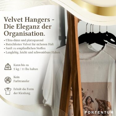 Плечики для одягу PORTENTUM з оксамиту, 10 шт., чорні - антиковзаючі, з 360º обертовим гаком, вирізами та тримачем для аксесуарів, економія місця, товщина 0,6 см, Made in Spain