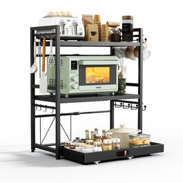 Регульована мікрохвильова полиця NETEL 2-ярусна, полиця над мікрохвильовою піччю, підставка для мікрохвильовки, кухонна полиця для стільниці, полиці для випічки, кухонна полиця з тримачем для напоїв та кошиком, чорна, висувна 40-60 см (3-ярусна з 2 тримачами для напоїв та ящиками)