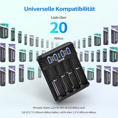Зарядний пристрій Dlyfull для акумуляторів 18650, 4 слоти, USB-C, LED дисплей, швидка зарядка, сумісний з 18650, 21700, 17500, 16340, 26650, AA, AAA, C, 3.7V Li-Ion та 1.2V NI-MH/NI-CD