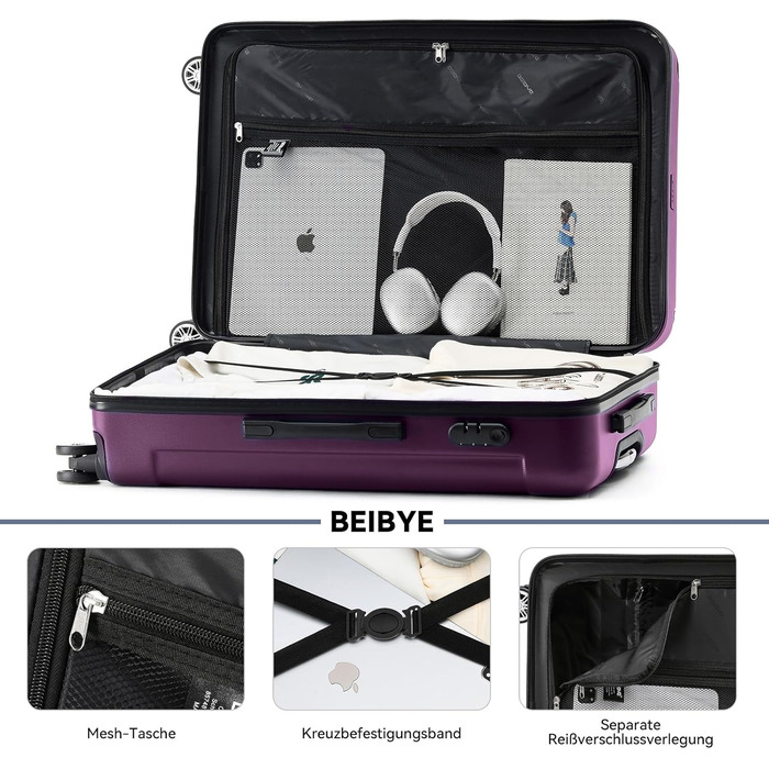 Чохол-валіза Beibye з кодовим замком, 4 колеса (чорний, фіолетовий, 66 см)
