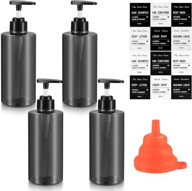 4 шт. Наповнювані порожні флакони для шампуню, 500 мл, флакони-дозатори для мила, пластикові флакони з помпою, дозатори для лосьйонів, рідкого мила, шампуню, кондиціонера, гелю для душу, наклейки (прозорий/чорний, плоский наконечник)