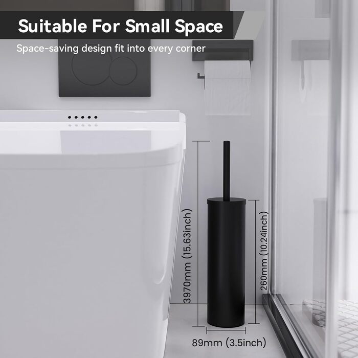 Торцева щітка для унітазу DOWRY з тримачем, 2 насадки, металева, чорна, циліндрична