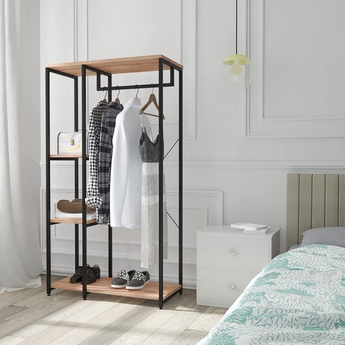 WOLTU Clothes Rack - Organised Clothes Rack, Wardrobe Clothes Rail, Laundry Rack, Open Wardrobe with 4 Shelves for Bedroom, Hallway, Wood and Steel