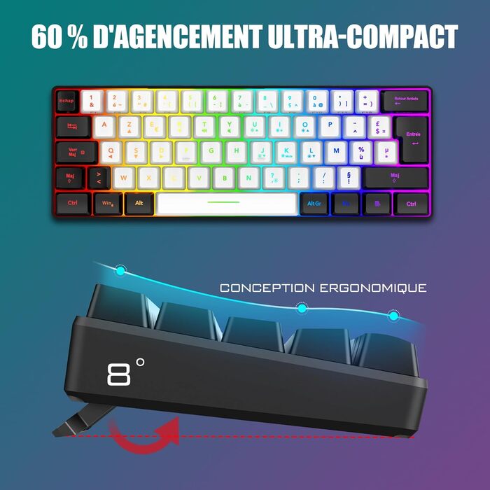 RedThunder K62 Бездротова ігрова клавіатура та миша, RGB, AZERTY, 62 клавіші, міні, для PC PS5 (Біло-Чорний)