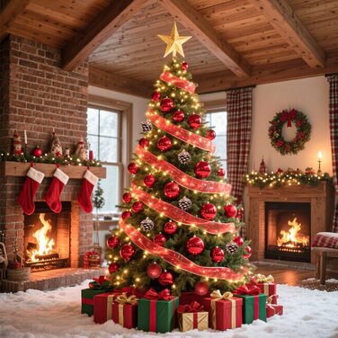 Набір прикрас для ялинки 101 шт. з пластикових кулі, рожеве золото, матові, блискучі, з шишками та стрічками для декору ялинки, вечірки, дому (червоний)