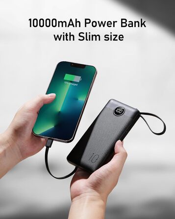 Power Bank 10000mAh з 5 виходами та 2 входами, LED дисплеєм та вбудованими кабелями. Сумісний з iPhone, iPad, Samsung, Xiaomi, Google Pixel. Чорний