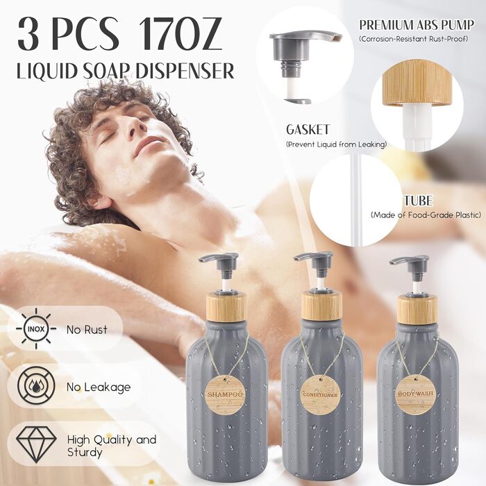 Набір аксесуарів для ванної кімнати сірого кольору, 17 предметів: сміттєвий бак, 3 диспенсерів для мила/лосьйону, тримач для зубних щіток, мильниця, стаканчик, 6 дерев'яних гачків, піднос для ванної кімнати