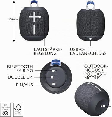 Ultimate Ears Wonderboom 4: Портативна водонепроникна Bluetooth колонка, чорна. З глибоким басом, 360° звук, захист від пилу, плаває. Радіус дії 40м