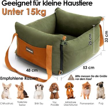 Small & Medium Dog Car Seat - Portable Pet Carrier with Extendable Bed, Washable Travel Dog Bed with Storage Pockets & Safety Belt - Green