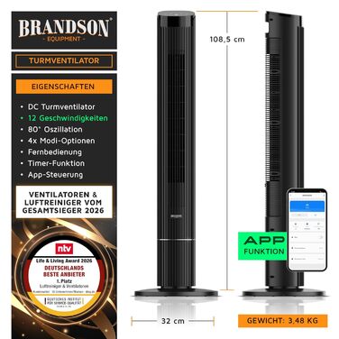 Вентилятор підлоговий Brandson DC Turm з Wi-Fi, керування через Smart Life, енергоефективний, тихий, з пультом - ECO GREEN