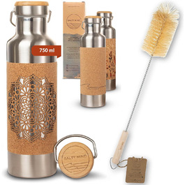 Stainless Steel Water Bottle 750ml - Sustainable, insulated thermal water bottle made of stainless steel, leak-proof - Iso bottle without harmful substances, BPA-free - Thermos drinking bottle (floral print) (Mandala (laser cut) + bottle brush)