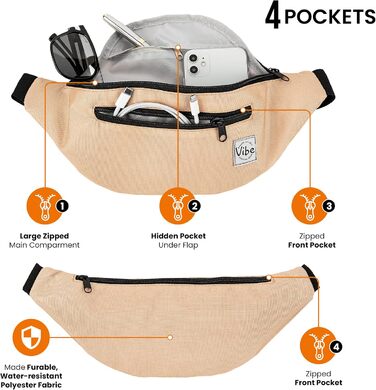 Поясна сумка Vibe Bauchtasche для жінок, чоловіків та дітей - поясна сумка, сумка на пояс, кишенька для телефону на фестивалі, вечірці, рейві, спорту, активного відпочинку, фітнесу, велосипеді, бігу. Єдиний розмір (Бежевий)