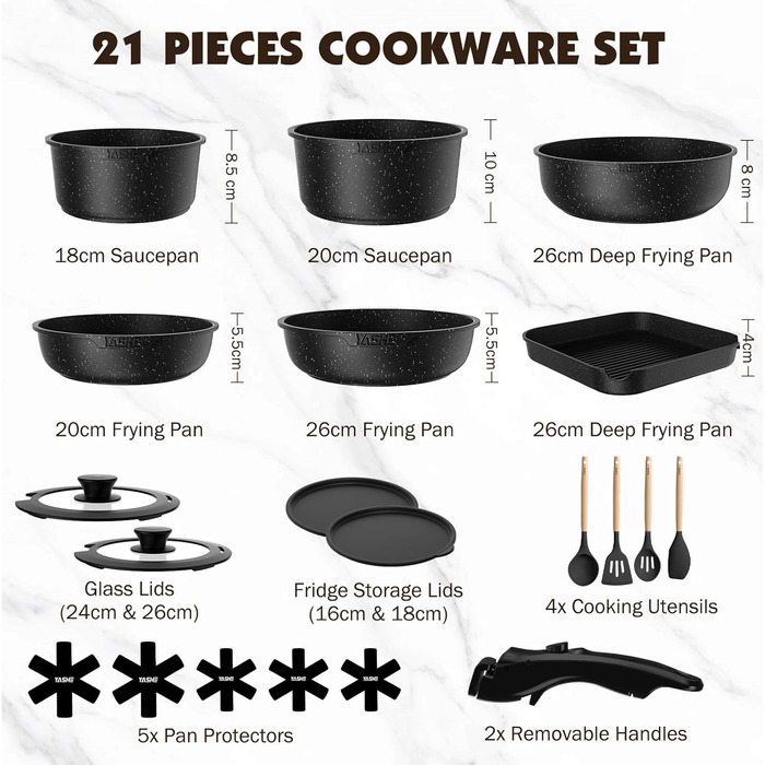 Набір посуду YASHE 21 предмет: каструлі та сковорідки з антипригарним покриттям, знімні ручки, скляні кришки, індукційний, для духовки, стекуваний, білий (сірий)