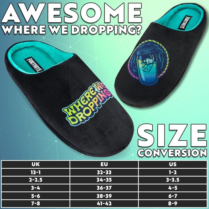 Тапочки Fortnite для дітей, розмір 32-42, чорні. Зі слизькою підошвою TPR, м'який фліс, Slip-On, подарунок для хлопчика