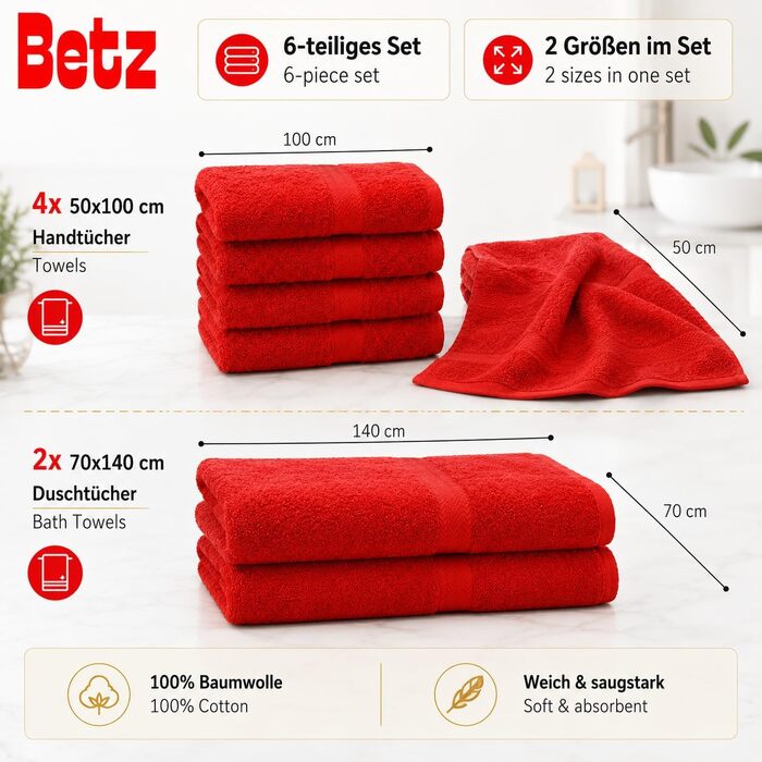 Набір махрових рушників Betz Premium, 6 шт. (4 шт. 50x100 см, 2 шт. 70x140 см), 100% бавовна, червоний