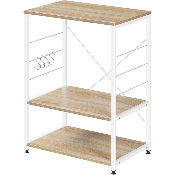 Kitchen Shelf, Microwave Shelf with 4 Hooks, Baking Shelf with 3 Tiers, Storage Shelf for Kitchen, Cafe, Living Room, Bathroom, 60 x 82 x 40 cm, Light Oak + White