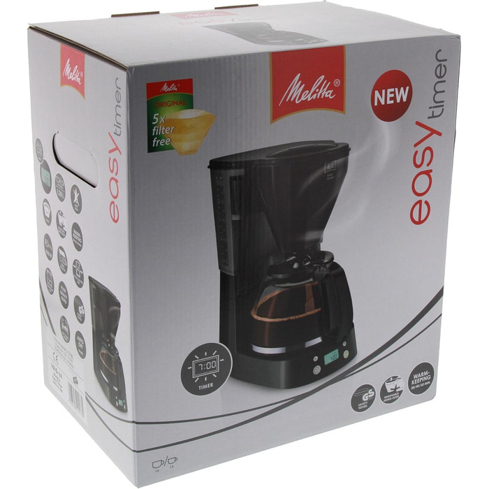 Кавомашина Melitta Easy Timer з таймером, скляна колба, стоп-крапля, 10 чашок, чорна