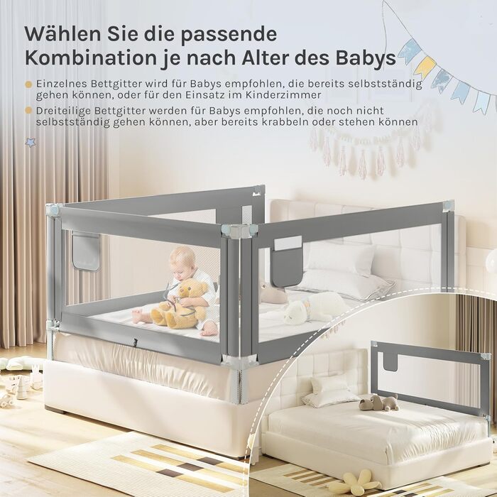 WOLTU Bed Rail, Bed Protection Rail for Children's Beds & Adult Beds, Retractable Child Bed Rail 180 cm, Fall Protection Height Adjustable 69-87 cm, Dark Grey 180cm Dark Grey