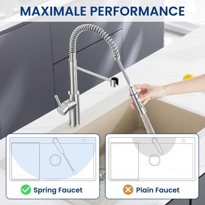 Змішувач кухонний CECIPA з витяжною насадкою, висувний, з двома режимами струменя, поворотний на 360°, одноlever, нержавіюча сталь, срібло