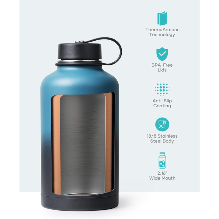 Insulated water bottle, 2 l, stainless steel, with straw lid and flex seal, keeps cold for 48 hours, hot for 24 hours, double-walled, wide opening, BPA-free, leak-proof, Indigo Crush
