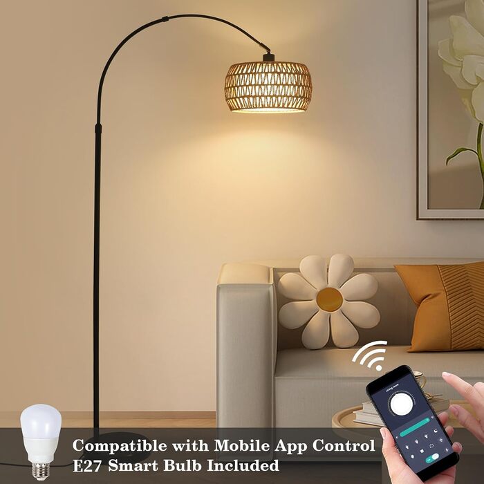 Rayofly Торшер для вітальні Bogenlampe в стилі бохо з ротанговим абажуром, диммований торшер з пультом та LED-лампочкою, управління через додаток, чорний