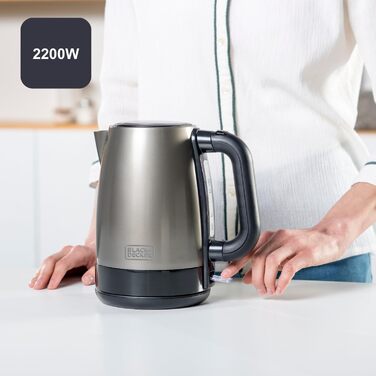 Електричний чайник BLACK+DECKER BXKE2202E, 1.2L, 2200W, нержавіюча сталь, поворотна база 360°, автоматичне відключення, індикатор рівня води, ергономічна ручка, для лівшів