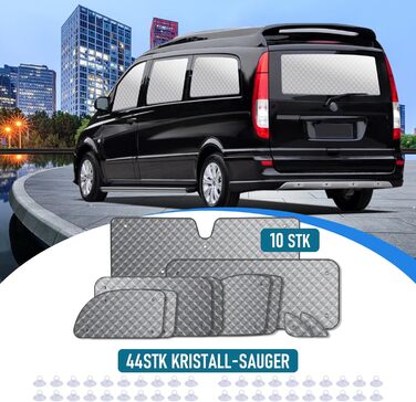 Теплоізоляційний комплект MaxAwe з 10 термоматів для Mercedes VITO II W639/Viano 2003-2014 (коротка база L2), внутрішні автошторки на лобове скло, сонцезахисні та затемнювальні термощітки