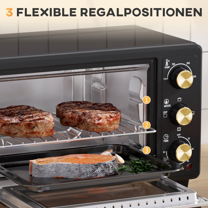 HOMCOM 16L Mini Oven 1400W Mini Oven 100-230℃ 60 Min. Timer, with Grill Rack and Baking Tray, Pizza Oven with Tray Handle, Crumb Tray Black | Aosom