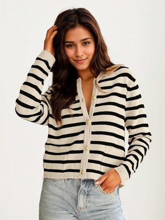 Жіноча коротка в'язана жилетка з двома кишенями на ґудзиках, смугаста, повсякденний осінній кардиган з круглим вирізом, модний в'язаний пуловер (L, Абрикосовий)