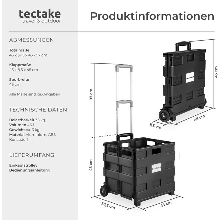 Складаний візок для покупок Tectake Shopping Trolley, сумка-шопер на колесах для продуктів та кемпінгу, чорний (45,75 л)