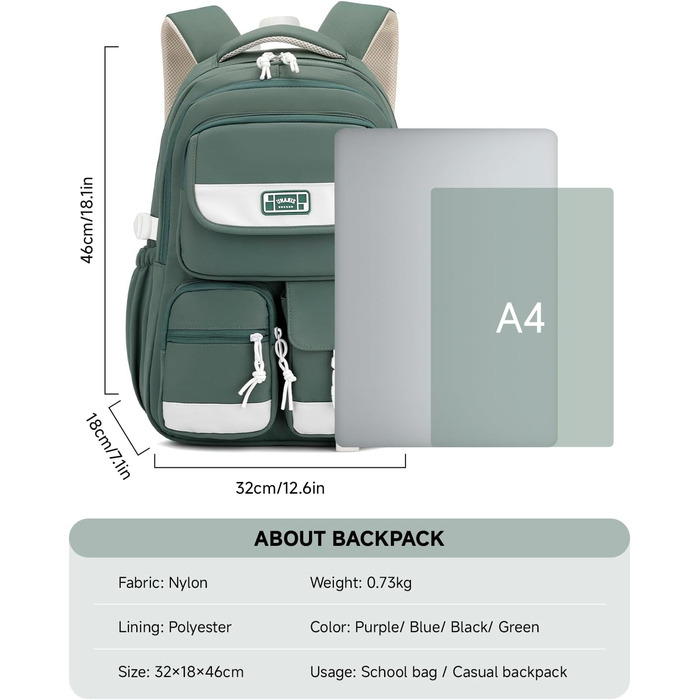 Дитячий рюкзак для підлітка, шкільний рюкзак для дівчинки з багатьма відділеннями, рюкзак для учнів 3-5 класів, середньої та старшої школи, нейлоновий рюкзак для подорожей та відпочинку (зелений)