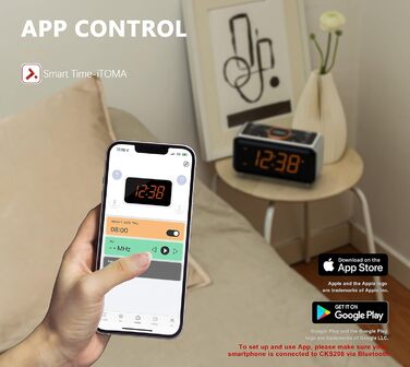 iTOMA Radio Alarm Clock with App Control, Bluetooth, FM Radio, Dual Alarm with 4 Alarm Modes, Easy Snooze, Dimmer, Orange Night Light, 12/24 Hr via USB Charging Port CKS208