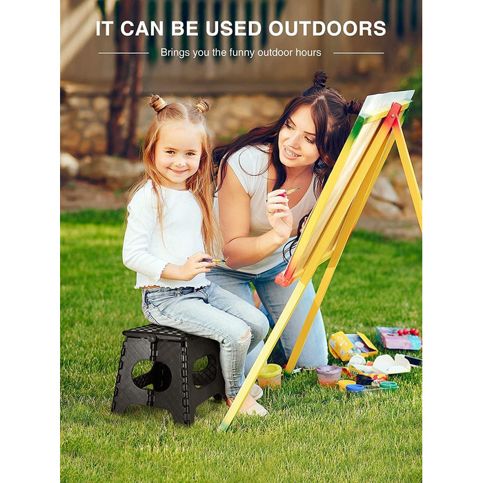 Складний стілець HOUSE DAY 27см чорний: міцний, з антиковзними ніжками та ручкою, для кухні, ванної, дитячої кімнати, кемпінгу, вантажопідйомність 150кг