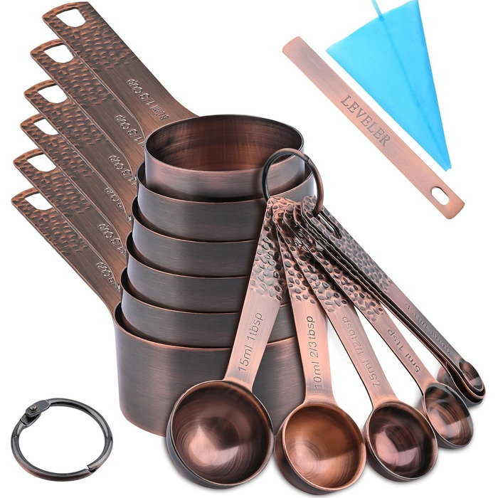 Measuring Cups and Spoons Set, 6 Copper Measuring Cups and 7 Stainless Steel Measuring Spoons with Leveler, Bronze, 13-Piece
