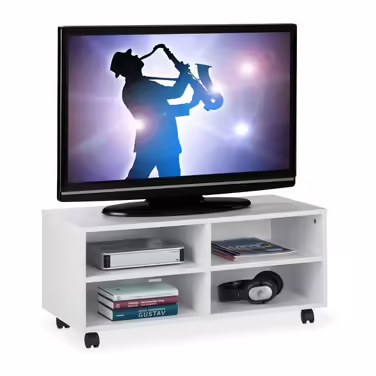 Relaxdays TV Stand with 4 Compartments, on Wheels