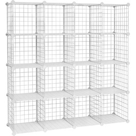 SONGMICS Storage Shelf, 16 Cube Storage System made of Metal Wire, DIY, Modular Grid Shelf, with Wire Frame, LPI44H (White)