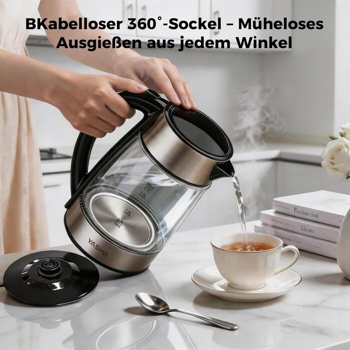Скляний електрочайник YASHE 1.7л 2200Вт з регулюванням температури, LED-підсвіткою та функцією підігріву