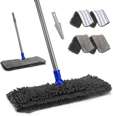 Myiosus Mop, Floor Wiper, Chenille Flat Mop with 4 Double-Sided Cleaning Pads, 127cm Mop with 360° Swivel Head, Microfiber Floor Wiper Set for Hardwood, Laminate, Tile, Includes 1 Scraper