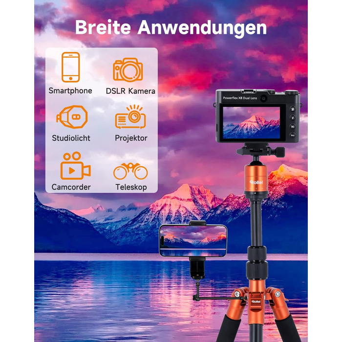 Штатив Rollei Compact Traveler No.1 Orange, 143 см, для камери та смартфона, з кульковою головкою, легкий, алюміній