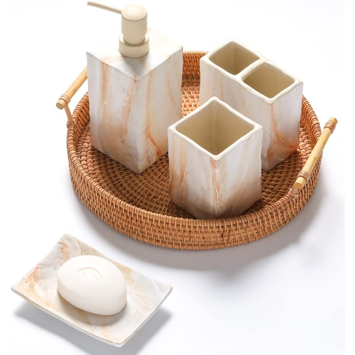 Набір аксесуарів для ванної кімнати з кераміки, 4 шт., в ретро-стилі, з водонепроникним друком, стійкий колір, себорезонатор та тримач для зубних щіток, бежевий