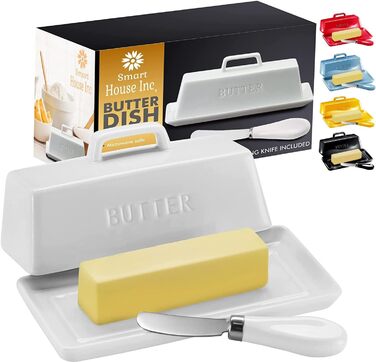 Ceramic Butter Dose Set with Lid and Knife, Decorative Butter Stick Holder with Handle for 1 Butter Stock, Microwave Safe, Dishwasher Safe, Includes Anti-Scratch Sticker