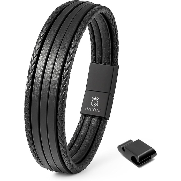 Чоловічий шкіряний браслет UNIQAL 'Premium Style' з нержавіючої сталі, чорний (BLACKY, 19 см)