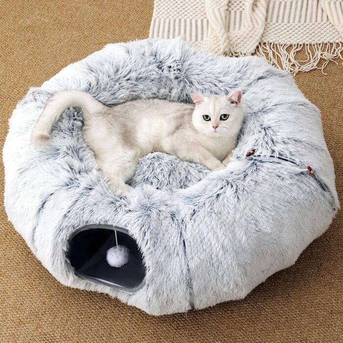 Туннель для котів FURRYPAWS XXL 3-в-1 – 160 см, ліжко, регульований, дихаючий, металевий каркас, складаний, для великих котів та дрібних тварин, сірий