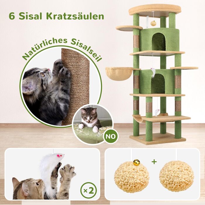 Котячий будиночок Globlazer з когтеточкою, 167 см, кутовий, зелений, для 3-4 котів