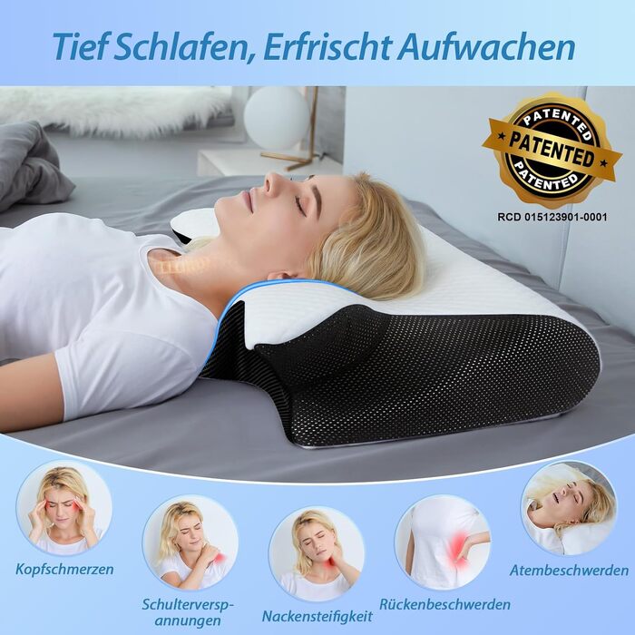 Ергономічна подушка для шиї та голови HOMCA 2 в 1 з ефектом пам'яті (Memory Foam) для всіх позицій сну, 60x40x12/14 см, чорна